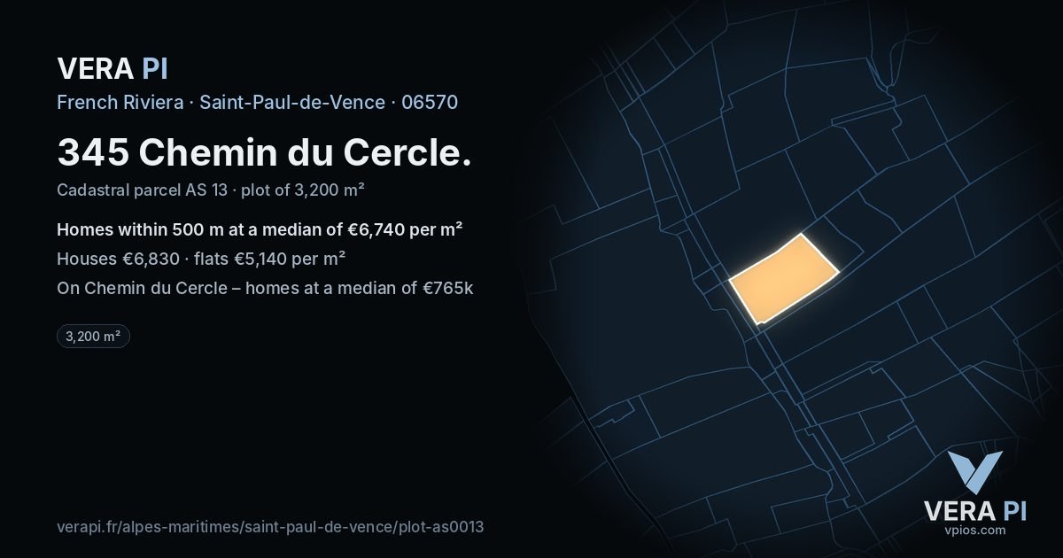 345 Chemin du Cercle, Saint-Paul-de-Vence at night – the plot lit, the parcels around coloured by the prices near them