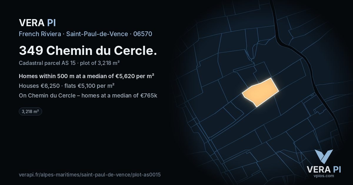 349 Chemin du Cercle, Saint-Paul-de-Vence at night – the plot lit, the parcels around coloured by the prices near them