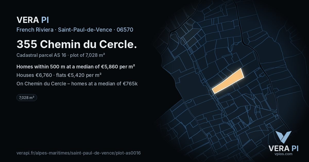 355 Chemin du Cercle, Saint-Paul-de-Vence at night – the plot lit, the parcels around coloured by the prices near them