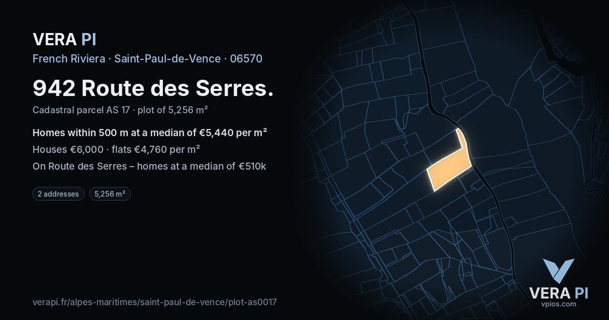 942 Route des Serres, Saint-Paul-de-Vence at night – the plot lit, the parcels around coloured by the prices near them