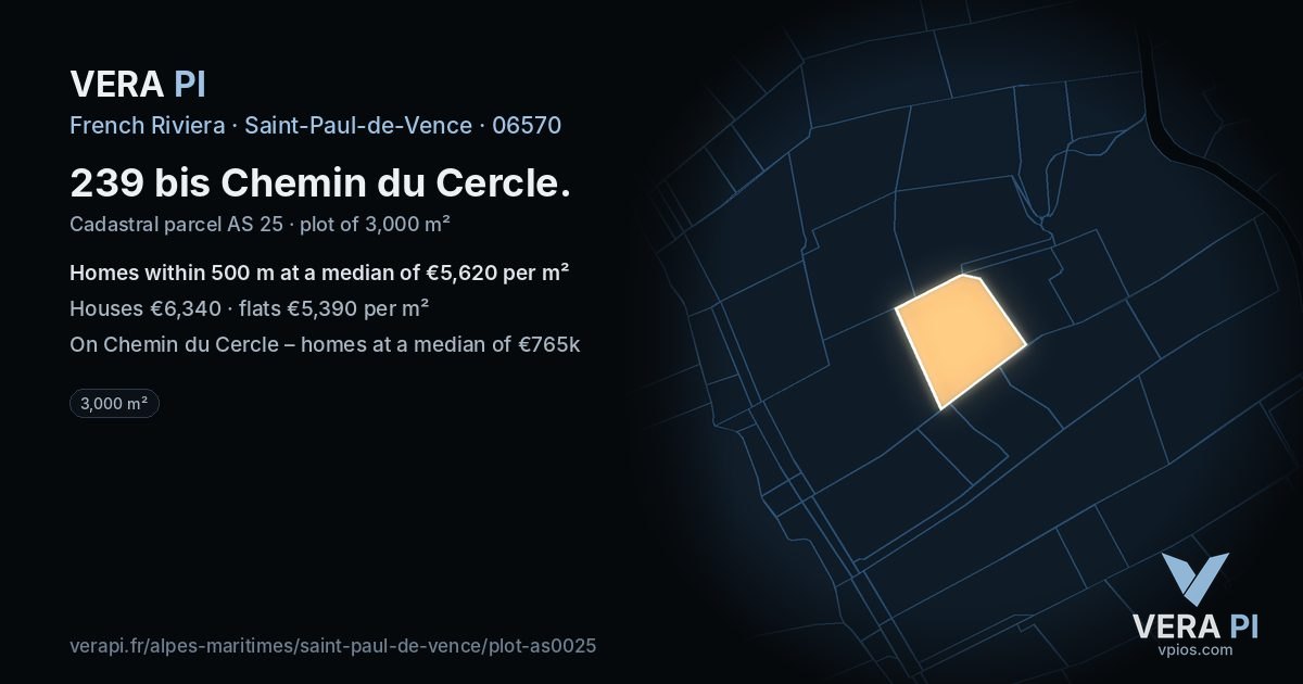 239 bis Chemin du Cercle, Saint-Paul-de-Vence at night – the plot lit, the parcels around coloured by the prices near them