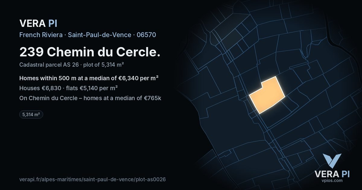 239 Chemin du Cercle, Saint-Paul-de-Vence at night – the plot lit, the parcels around coloured by the prices near them