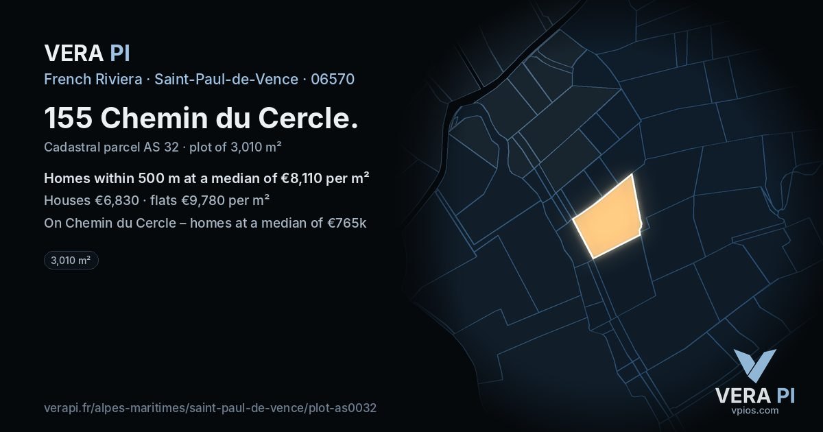 155 Chemin du Cercle, Saint-Paul-de-Vence at night – the plot lit, the parcels around coloured by the prices near them