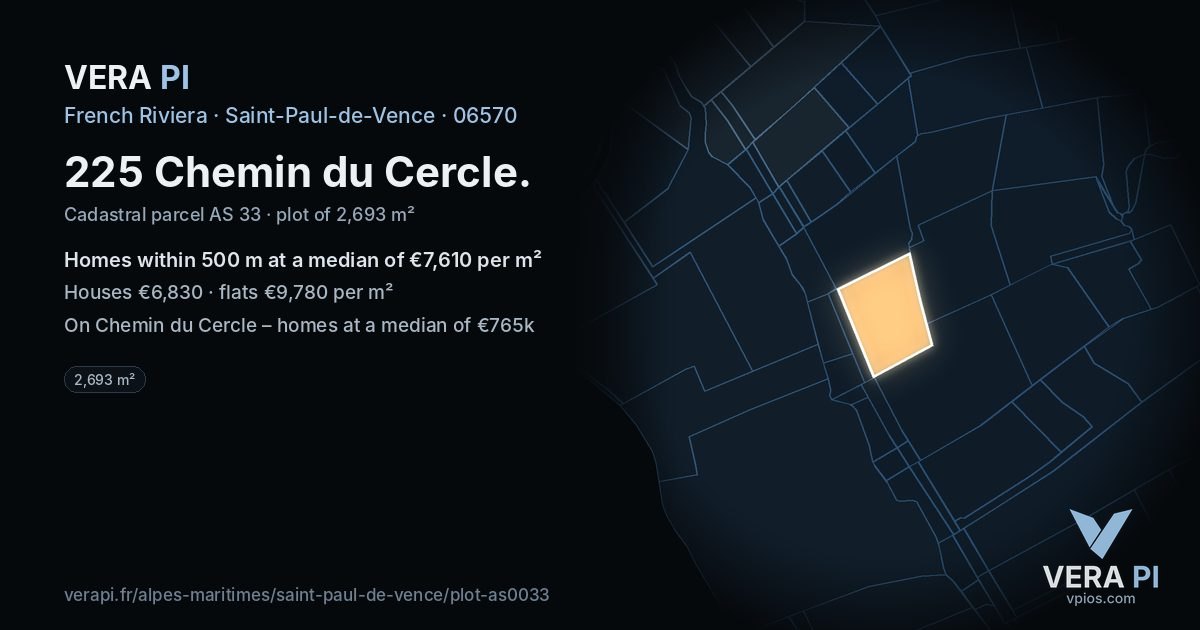 225 Chemin du Cercle, Saint-Paul-de-Vence at night – the plot lit, the parcels around coloured by the prices near them