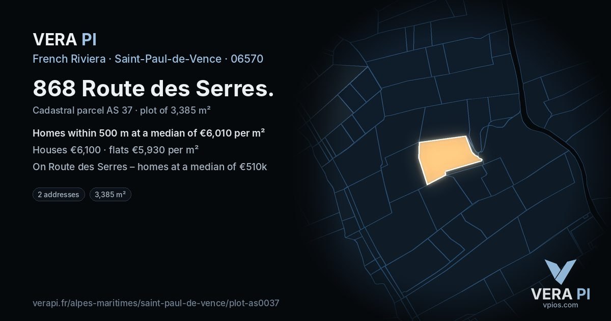 868 Route des Serres, Saint-Paul-de-Vence at night – the plot lit, the parcels around coloured by the prices near them