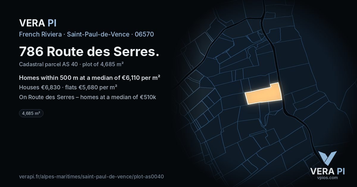 786 Route des Serres, Saint-Paul-de-Vence at night – the plot lit, the parcels around coloured by the prices near them