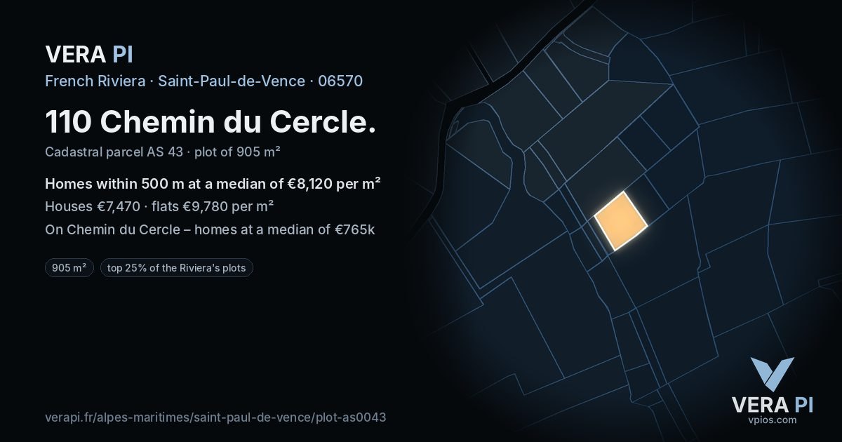 110 Chemin du Cercle, Saint-Paul-de-Vence at night – the plot lit, the parcels around coloured by the prices near them