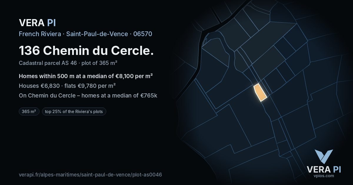 136 Chemin du Cercle, Saint-Paul-de-Vence at night – the plot lit, the parcels around coloured by the prices near them