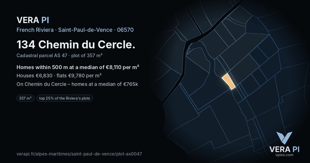 134 Chemin du Cercle, Saint-Paul-de-Vence at night – the plot lit, the parcels around coloured by the prices near them
