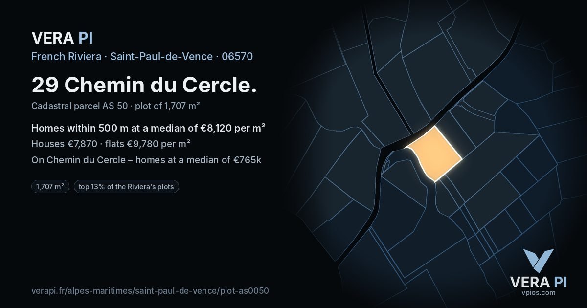 29 Chemin du Cercle, Saint-Paul-de-Vence at night – the plot lit, the parcels around coloured by the prices near them