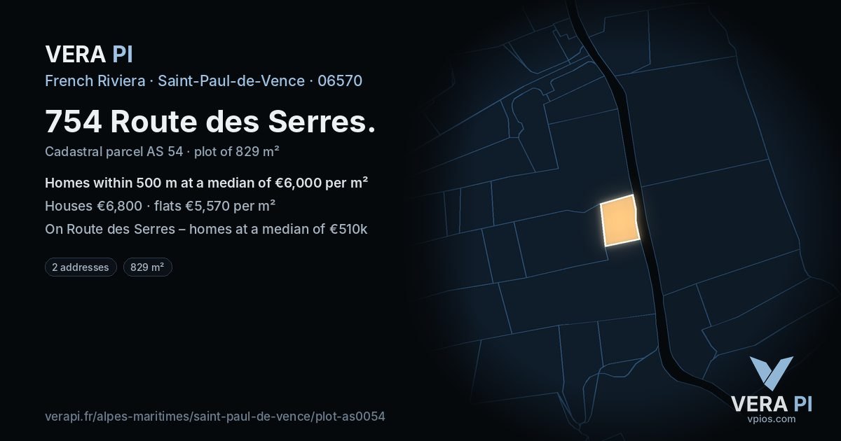 754 Route des Serres, Saint-Paul-de-Vence at night – the plot lit, the parcels around coloured by the prices near them