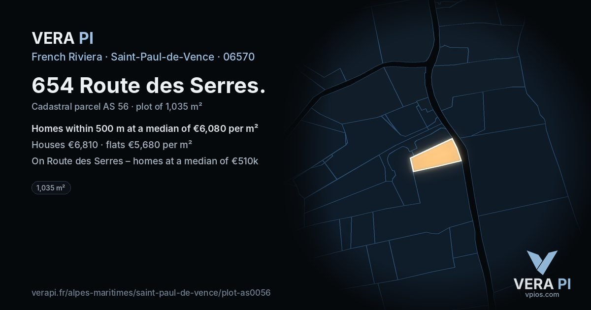 654 Route des Serres, Saint-Paul-de-Vence at night – the plot lit, the parcels around coloured by the prices near them