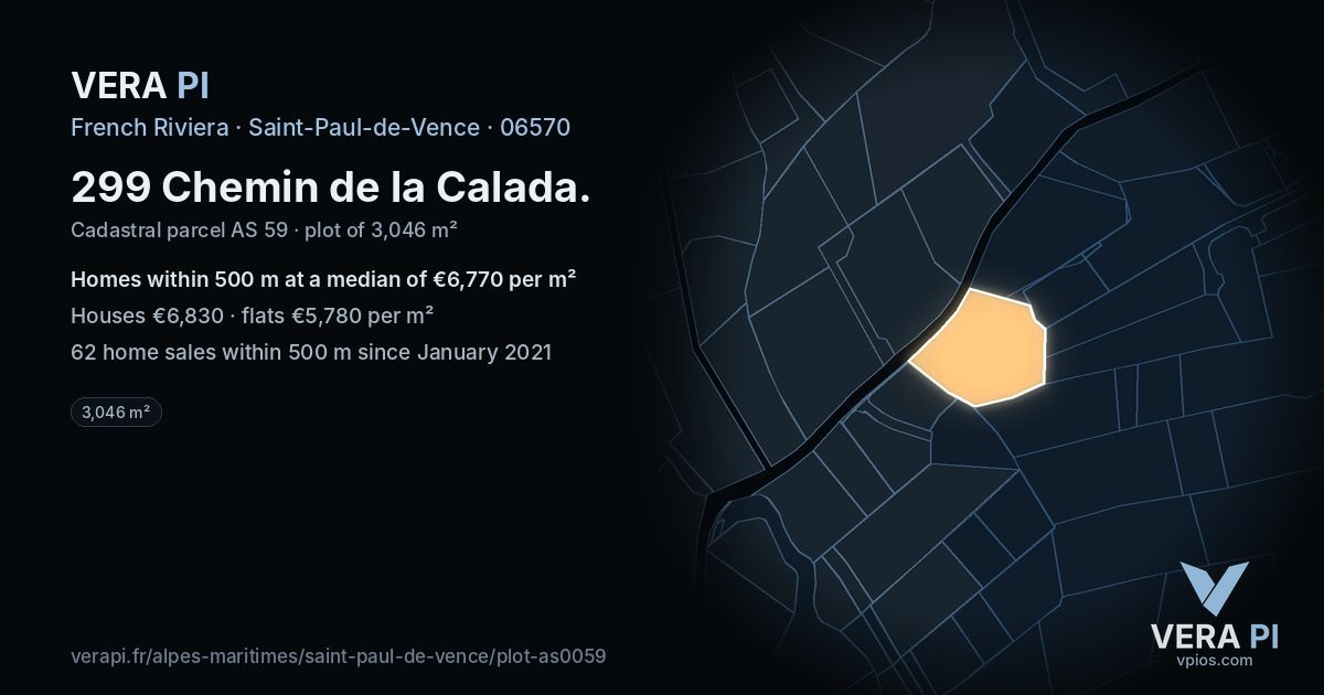 299 Chemin de la Calada, Saint-Paul-de-Vence at night – the plot lit, the parcels around coloured by the prices near them