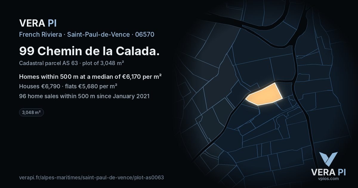 99 Chemin de la Calada, Saint-Paul-de-Vence at night – the plot lit, the parcels around coloured by the prices near them