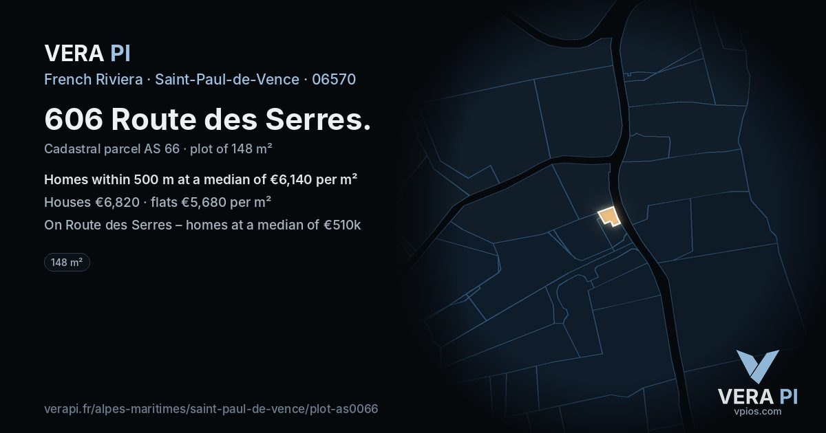 606 Route des Serres, Saint-Paul-de-Vence at night – the plot lit, the parcels around coloured by the prices near them