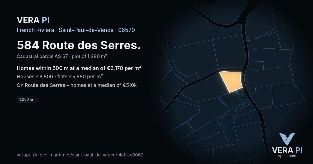584 Route des Serres, Saint-Paul-de-Vence at night – the plot lit, the parcels around coloured by the prices near them