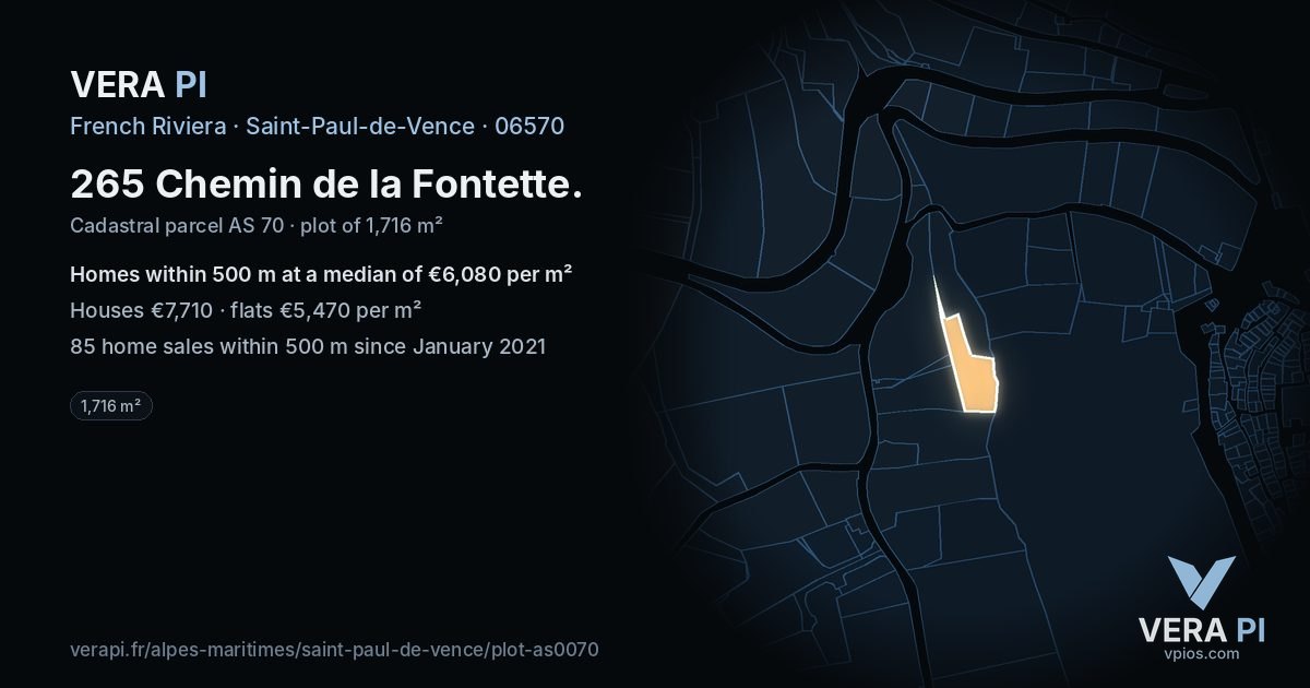 265 Chemin de la Fontette, Saint-Paul-de-Vence at night – the plot lit, the parcels around coloured by the prices near them
