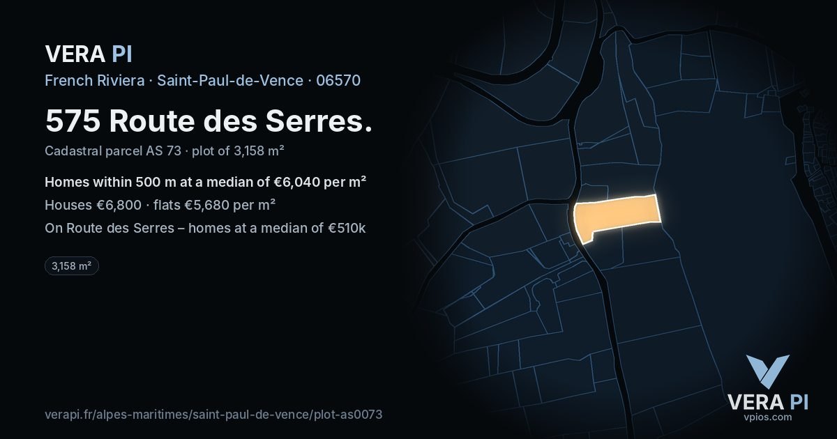 575 Route des Serres, Saint-Paul-de-Vence at night – the plot lit, the parcels around coloured by the prices near them