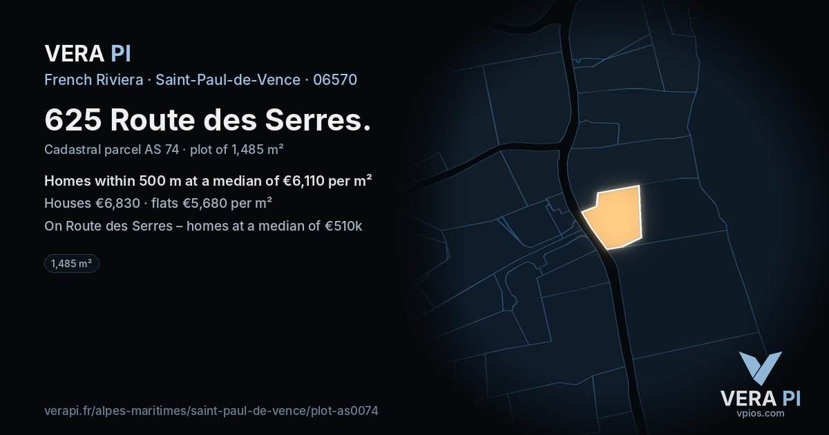 625 Route des Serres, Saint-Paul-de-Vence at night – the plot lit, the parcels around coloured by the prices near them