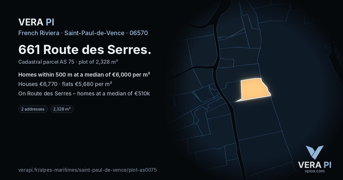 661 Route des Serres, Saint-Paul-de-Vence at night – the plot lit, the parcels around coloured by the prices near them