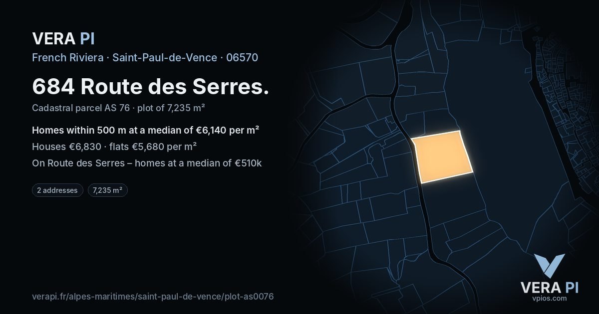684 Route des Serres, Saint-Paul-de-Vence at night – the plot lit, the parcels around coloured by the prices near them
