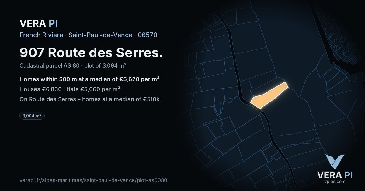 907 Route des Serres, Saint-Paul-de-Vence at night – the plot lit, the parcels around coloured by the prices near them