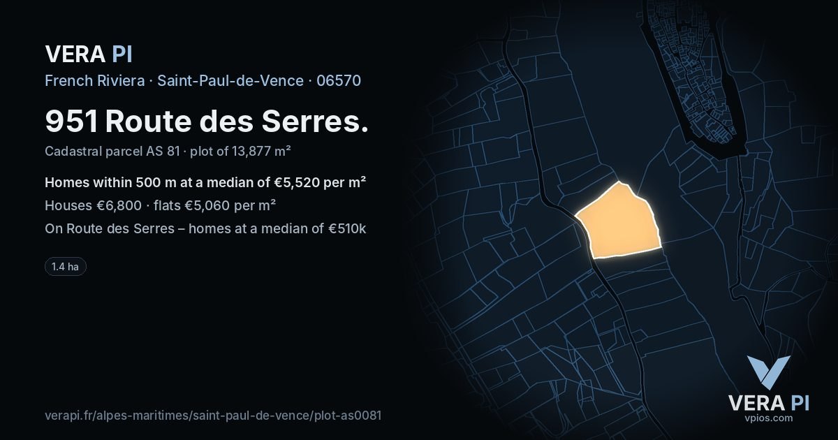951 Route des Serres, Saint-Paul-de-Vence at night – the plot lit, the parcels around coloured by the prices near them