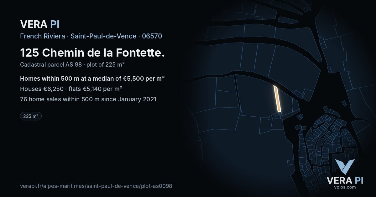125 Chemin de la Fontette, Saint-Paul-de-Vence at night – the plot lit, the parcels around coloured by the prices near them
