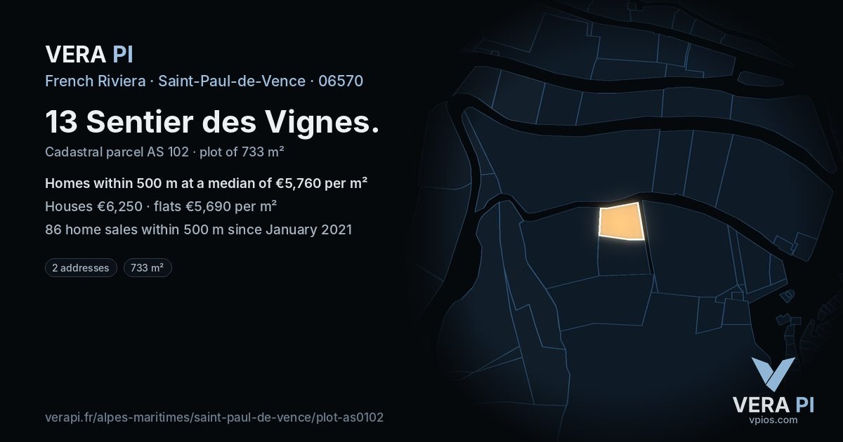 13 Sentier des Vignes, Saint-Paul-de-Vence at night – the plot lit, the parcels around coloured by the prices near them