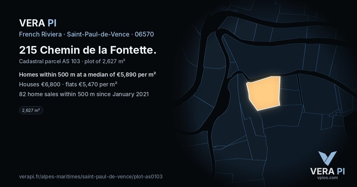215 Chemin de la Fontette, Saint-Paul-de-Vence at night – the plot lit, the parcels around coloured by the prices near them