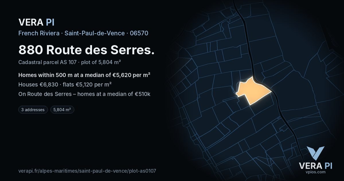 880 Route des Serres, Saint-Paul-de-Vence at night – the plot lit, the parcels around coloured by the prices near them
