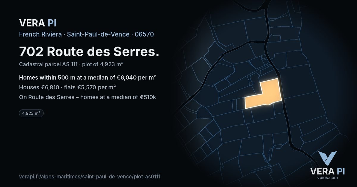 702 Route des Serres, Saint-Paul-de-Vence at night – the plot lit, the parcels around coloured by the prices near them