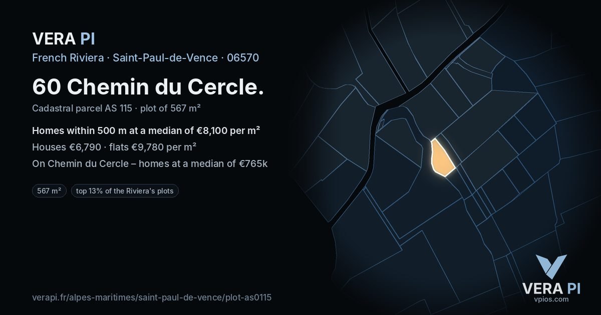 60 Chemin du Cercle, Saint-Paul-de-Vence at night – the plot lit, the parcels around coloured by the prices near them