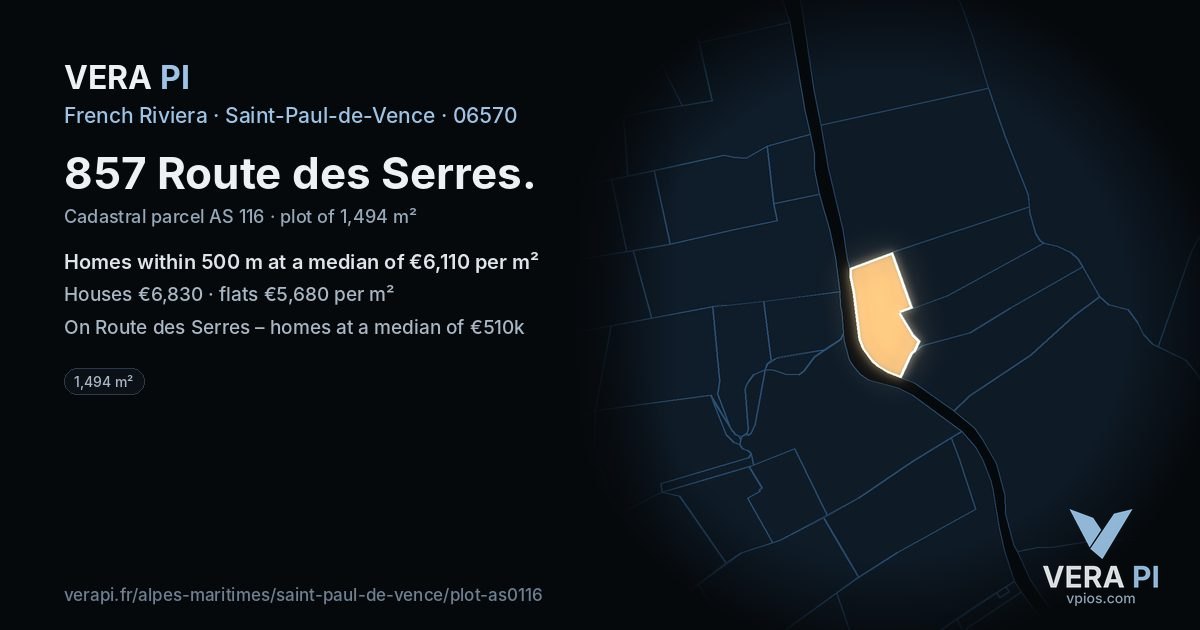 857 Route des Serres, Saint-Paul-de-Vence at night – the plot lit, the parcels around coloured by the prices near them