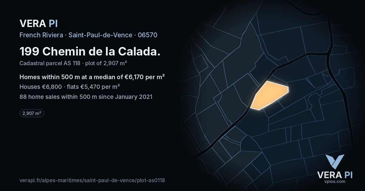 199 Chemin de la Calada, Saint-Paul-de-Vence at night – the plot lit, the parcels around coloured by the prices near them