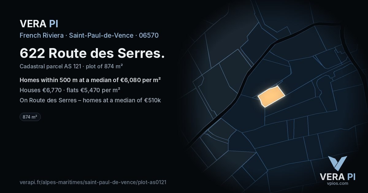 622 Route des Serres, Saint-Paul-de-Vence at night – the plot lit, the parcels around coloured by the prices near them