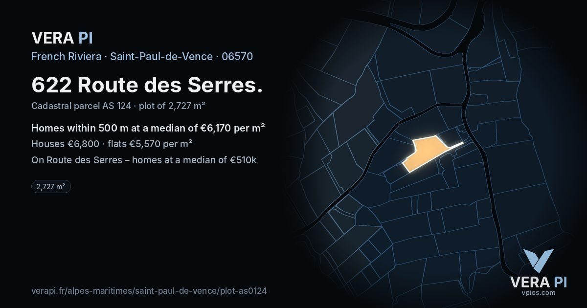 622 Route des Serres, Saint-Paul-de-Vence at night – the plot lit, the parcels around coloured by the prices near them