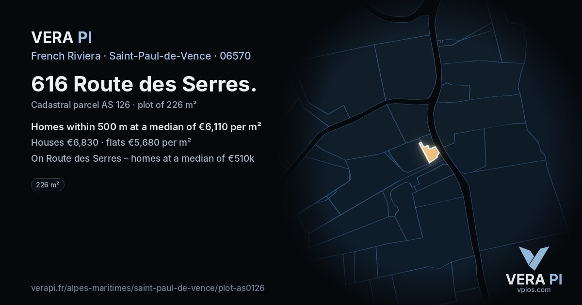 616 Route des Serres, Saint-Paul-de-Vence at night – the plot lit, the parcels around coloured by the prices near them