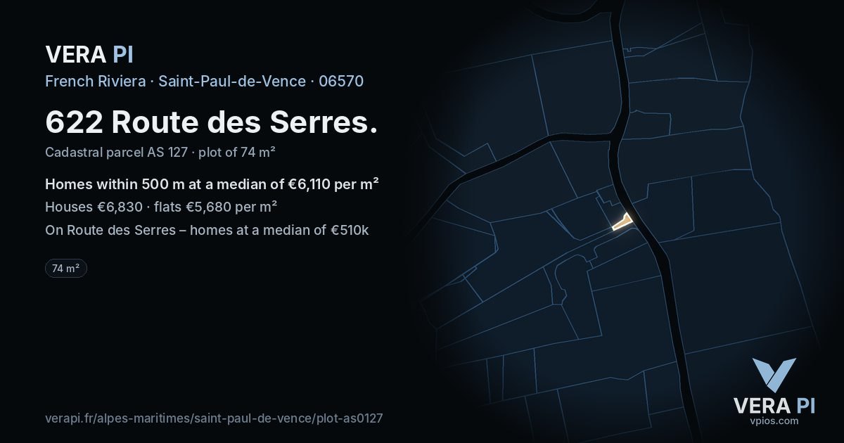 622 Route des Serres, Saint-Paul-de-Vence at night – the plot lit, the parcels around coloured by the prices near them