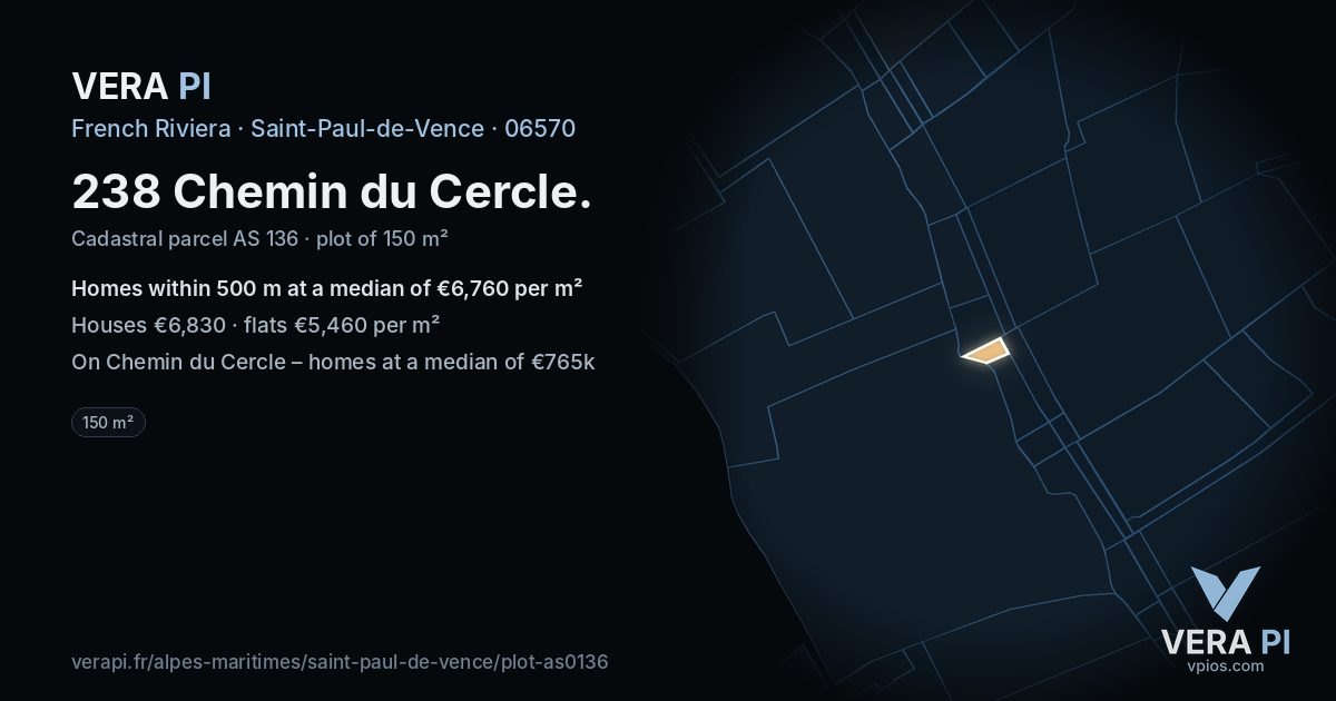 238 Chemin du Cercle, Saint-Paul-de-Vence at night – the plot lit, the parcels around coloured by the prices near them