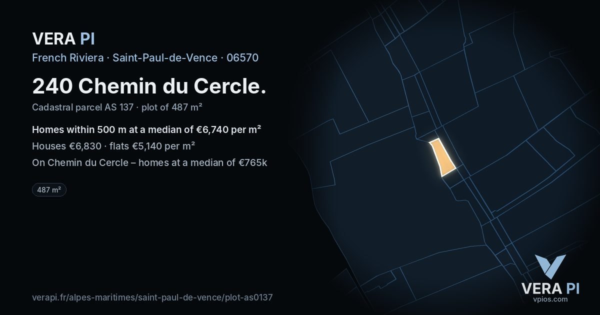 240 Chemin du Cercle, Saint-Paul-de-Vence at night – the plot lit, the parcels around coloured by the prices near them