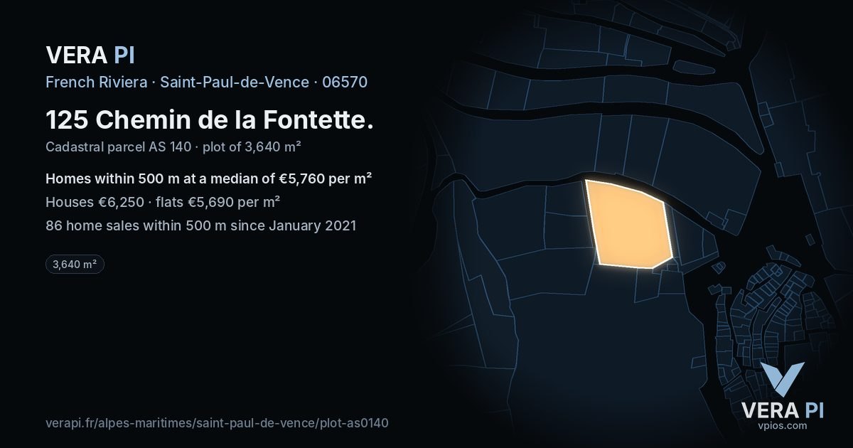 125 Chemin de la Fontette, Saint-Paul-de-Vence at night – the plot lit, the parcels around coloured by the prices near them