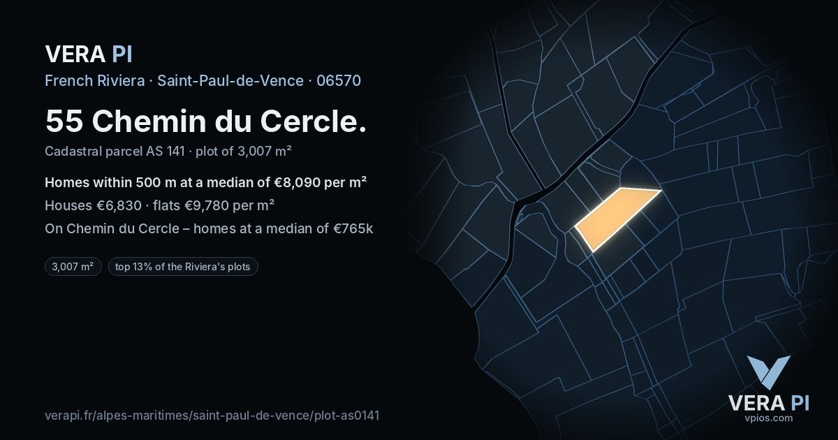 55 Chemin du Cercle, Saint-Paul-de-Vence at night – the plot lit, the parcels around coloured by the prices near them