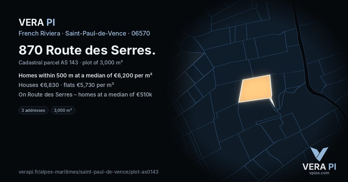 870 Route des Serres, Saint-Paul-de-Vence at night – the plot lit, the parcels around coloured by the prices near them