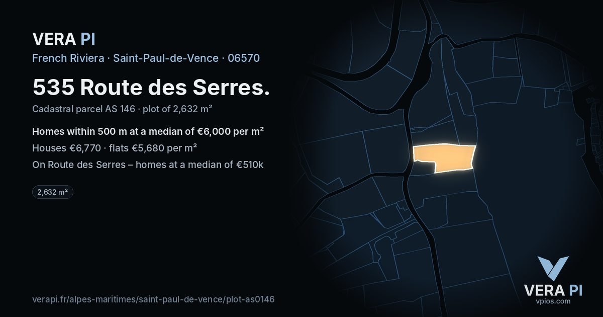 535 Route des Serres, Saint-Paul-de-Vence at night – the plot lit, the parcels around coloured by the prices near them