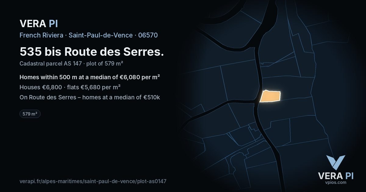 535 bis Route des Serres, Saint-Paul-de-Vence at night – the plot lit, the parcels around coloured by the prices near them
