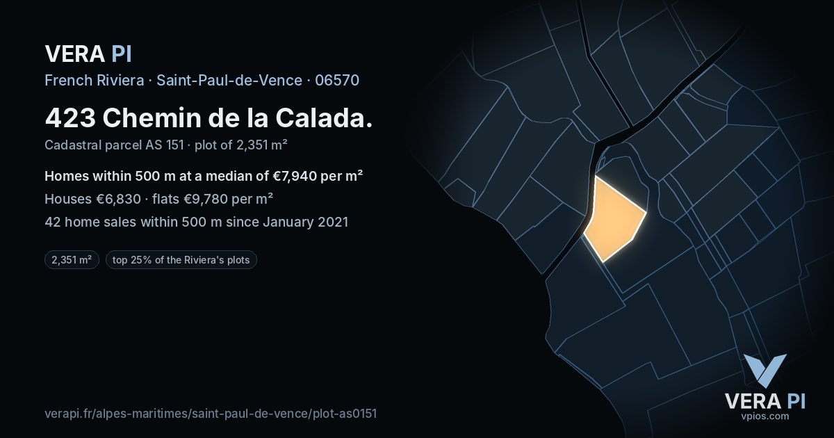 423 Chemin de la Calada, Saint-Paul-de-Vence at night – the plot lit, the parcels around coloured by the prices near them