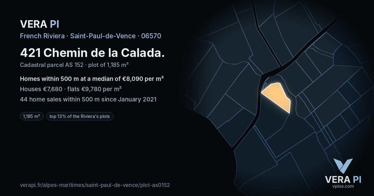 421 Chemin de la Calada, Saint-Paul-de-Vence at night – the plot lit, the parcels around coloured by the prices near them