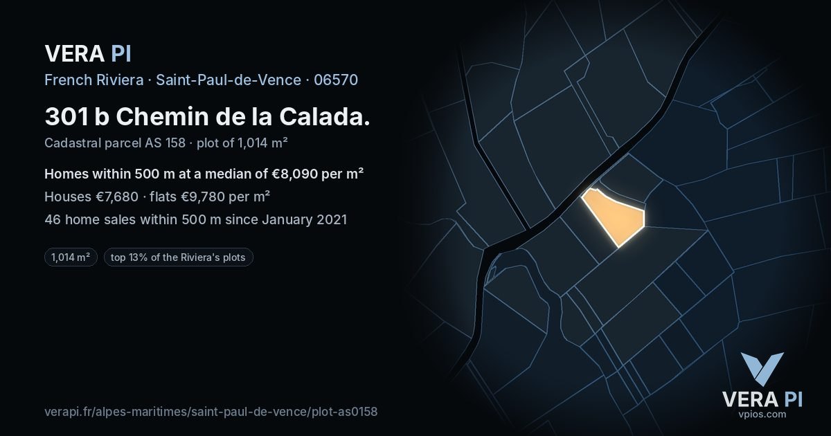 301 b Chemin de la Calada, Saint-Paul-de-Vence at night – the plot lit, the parcels around coloured by the prices near them