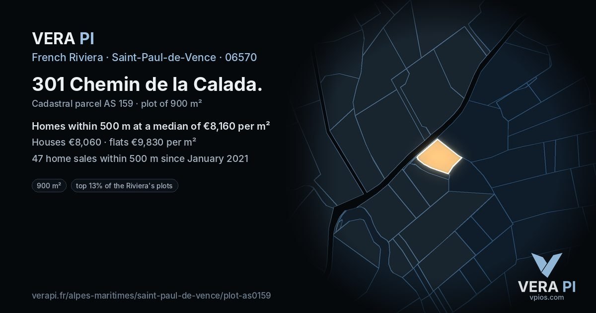 301 Chemin de la Calada, Saint-Paul-de-Vence at night – the plot lit, the parcels around coloured by the prices near them